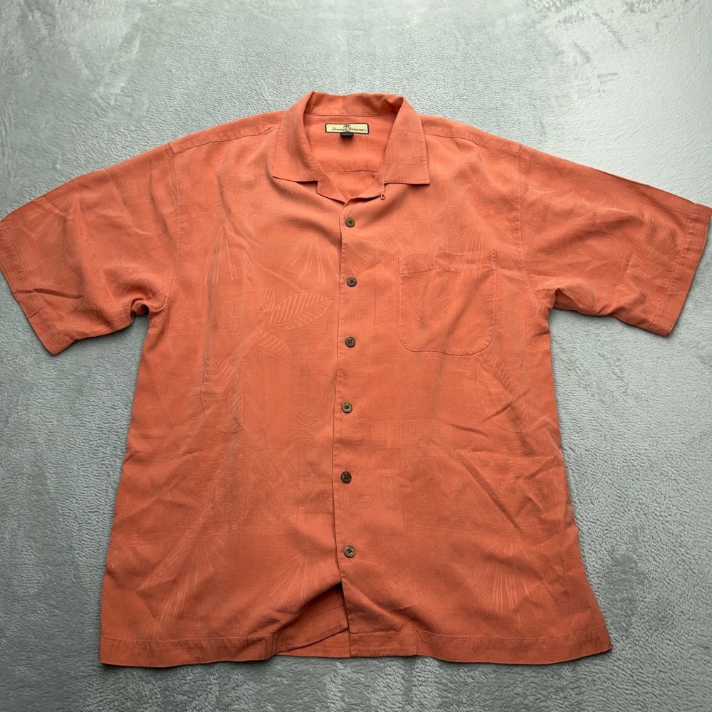 Tommy Bahama Shirt Mens Medium Orange Silk Tropical Jacquard Camp Button Down